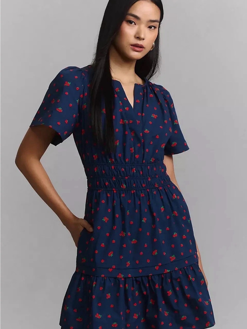 Anthropologie Somerset Navy Blue Strawberry-Print Smocked Mini Dress